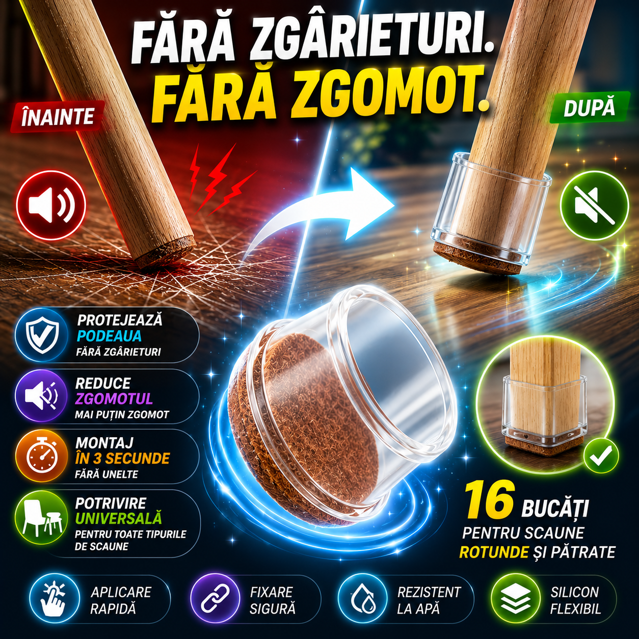 Softrax™ – Protecții Din Silicon Pentru Picioarele Scaunelor