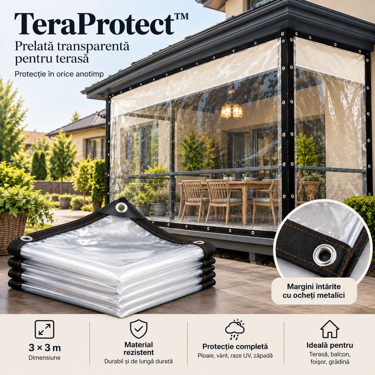 Prelată Transparentă pentru Terasă și Foișor TeraProtect™ (3x3m)
